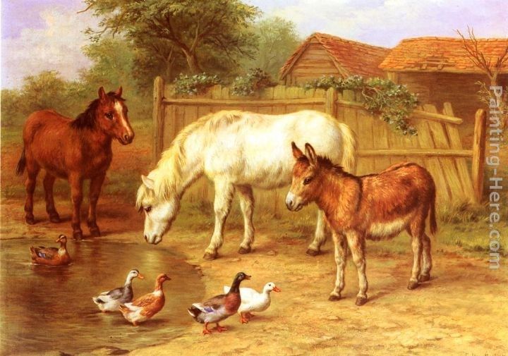 Edgar Hunt Ponies, Donkey and Ducks in a Farmyard